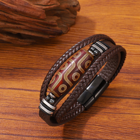 Buy Hand-Woven Men'S Leather Bracelet With Stainless Steel Nine-Eyed Dzi Beads online at Fashionner.