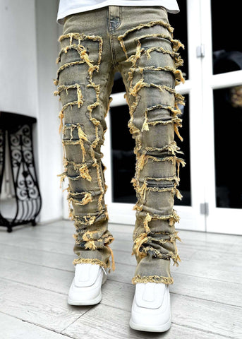 Men Trousers Individual Patched Pants Long Tight Fit Stacked Jeans For Mens Clothing - Fashionner