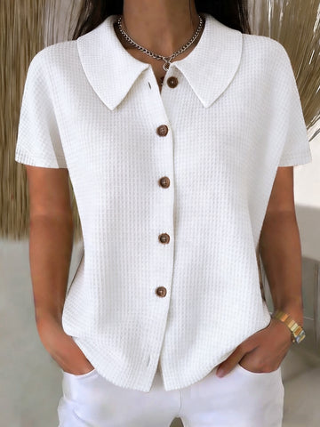 Chemise décontractée ample à manches courtes en tissu gaufré uni avec col rabattu – Haut d'été léger en mélange de coton pour femmes, idéal pour un usage quotidien