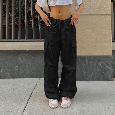 Casual Cargo Pants For Women Solid Color Drawstring Pocket Design Fashion Street Trousers Girls - Fashionner