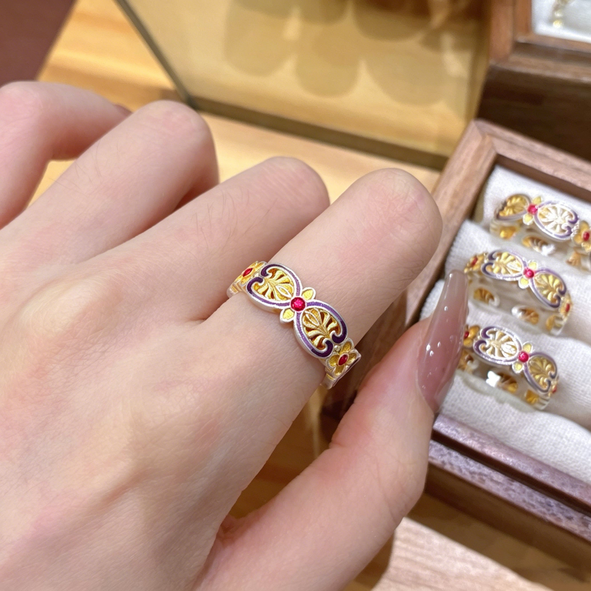 Buy 1Pcs 999.9 Sterling Silver Filigree Enamel Ruyi Ring, Traditional Chinese Style, Perfect For Special Occasions & Collectors online at Fashionner.