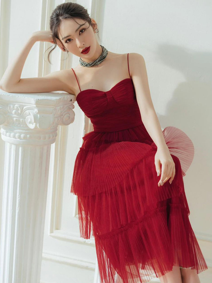 Suspender Spread Chest Temperament Dark Red Flowing Small Dress Long Skirt - Fashionner
