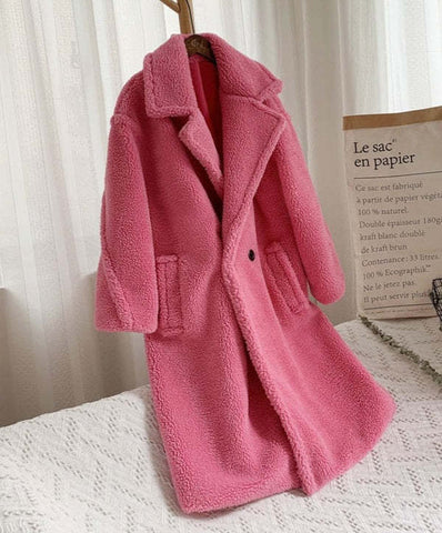 Manteau en Polaire d'Agneau à Revers avec Poches, Manteau en Fausse Fourrure Hiver Chaud Épais Long Coupe-vent Vêtements pour Femmes