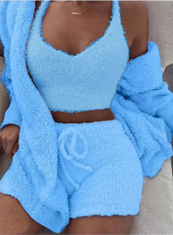 Buy 3Pcs Womens Clothing Long Sleeve Crop Tank Top And Drawstring Shorts Pajama Set online at Fashionner.