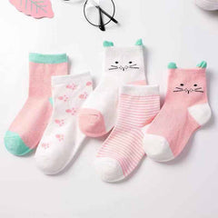 5 Pairs Children's Cotton Mid-calf Length Socks - Fashionner