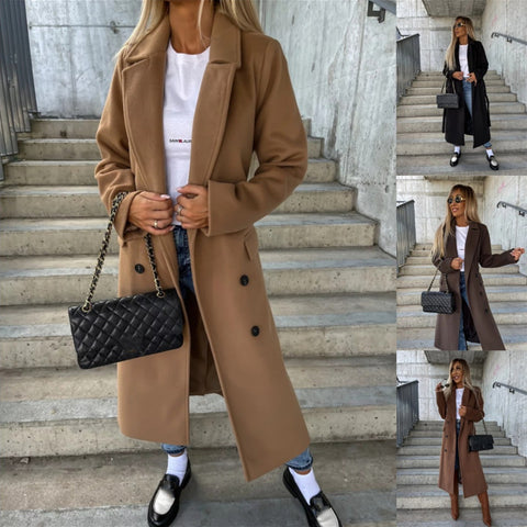 Buy Double-Breasted Lapel Split Jacket With Belt Winter Fashion Casual Long Sleeve Button Daily Coats For Women Clothing online at Fashionner.