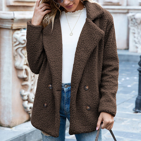 Manteau ample à revers en fourrure, veste d'hiver boutonnée, cardigan, vêtements d'extérieur pour femme