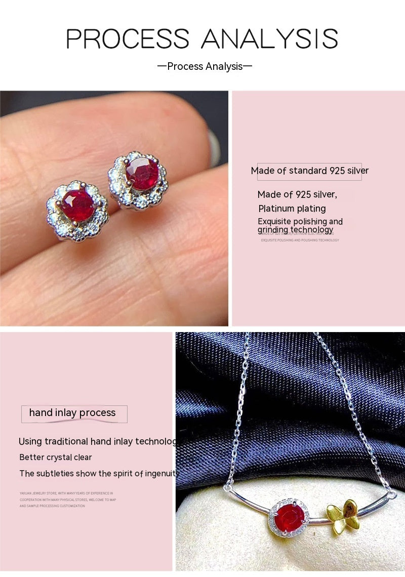 Natural Pigeons-blood Ruby Set 925 Silver Inlaid Rings Ear Studs Pendant Diamond Ring