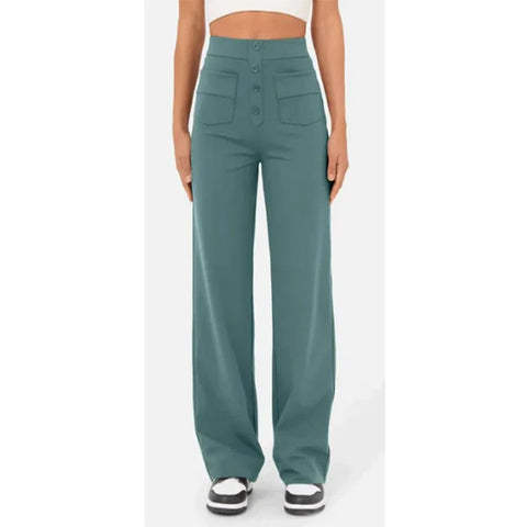 Women's Clothing High Waist Pocket Wide Leg Button Casual Loose Straight Trousers - Fashionner