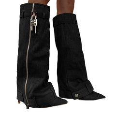 Pointed Female Fashion Metal Buckle Flanging Zipper Casual High Leg Boot - Fashionner