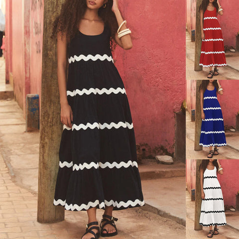 U-neck Wavy Print Long Dress Sleeveless Solid Color A-line Dress Summer Womens Clothing - Fashionner