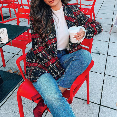 Blazer en laine à carreaux boutonné pour femme