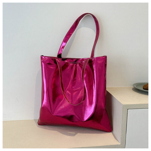 Simple Portable Large Capacity Texture Shiny Shoulder Bag Personality Soft Pu Paint Commuter Tote - Fashionner