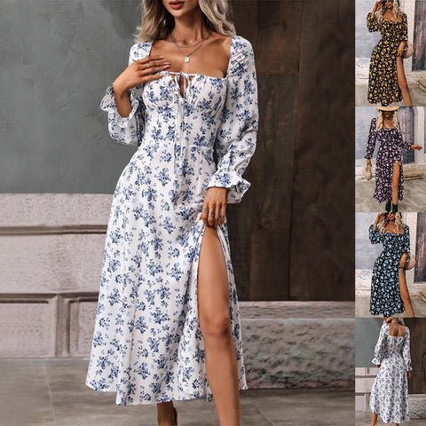 Robes à manches longues imprimées de fleurs, col carré tendance, fendues à la base pour femme