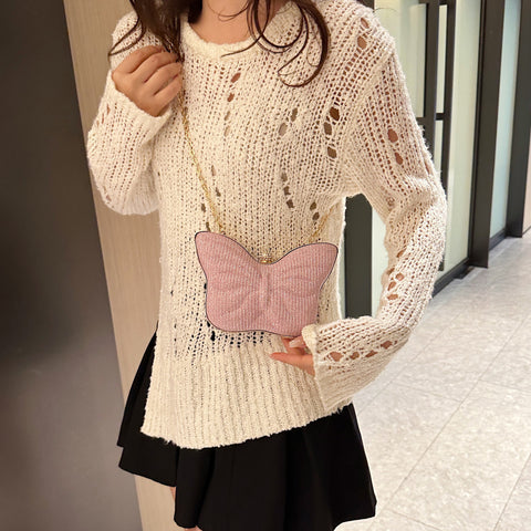 Sac bandoulière en métal pour femme à motif papillon, rayures et bouton-pression