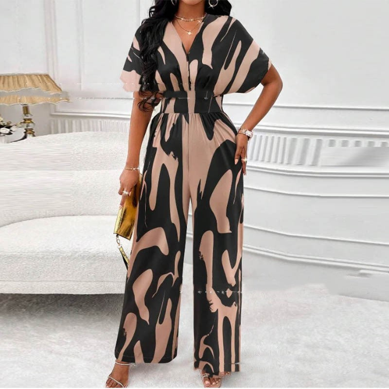 V-neck Loose Printed Long Jumpsuit - Fashionner