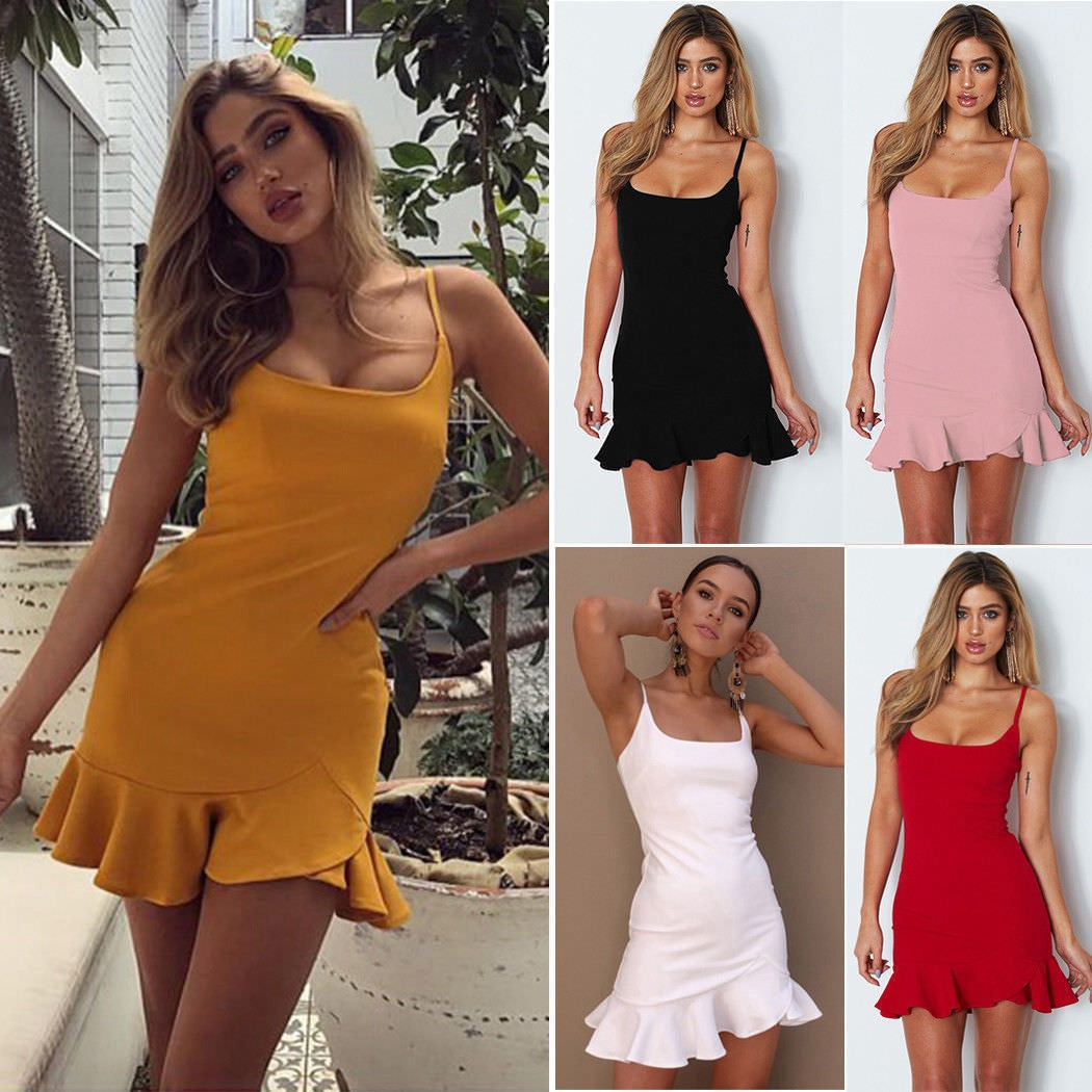 New Ruffles Trumpet Dress Women Sleeveless Spaghetti Strap Slim Summer Dress Party Short Dresses Vestidos - Fashionner