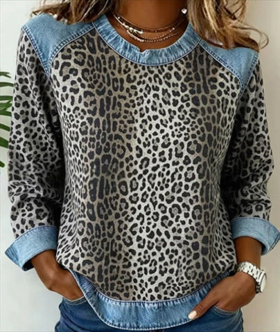 Sweat-shirt en jean patchwork, mode, col rond, pull unique, haut de chemise à manches longues, vêtements pour femmes