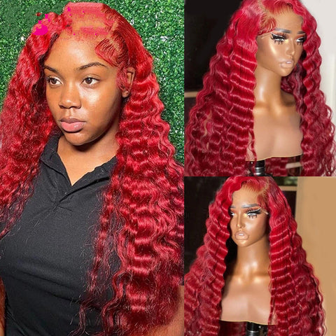 Perruque Cheveux Humains Rouge Vague Profonde Véritable Coiffe