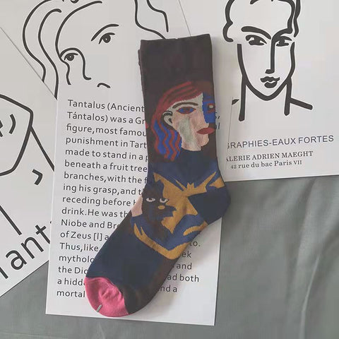 Trendy Mid-calf Length Socks Preppy Style Stockings Artistic Illustration Socks - Fashionner