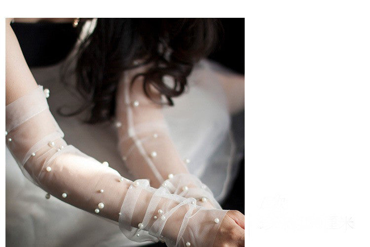 Bridal Wedding Dress Pearl Mesh Gloves White Yarn