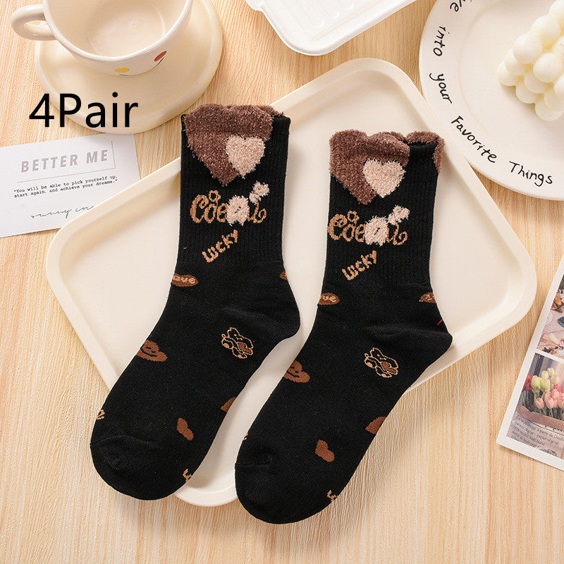 Women's Fashionable Hundred Feather Yarn Bear Mid Calf Socks - Fashionner