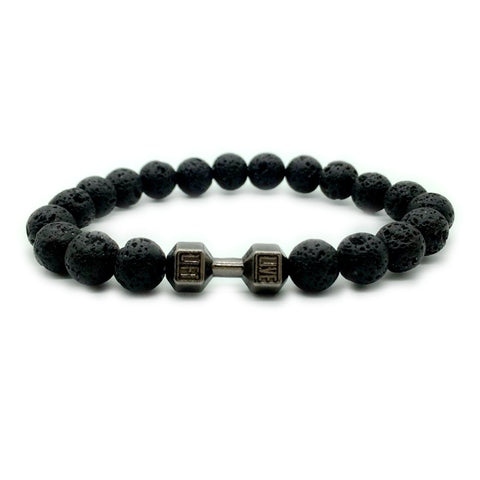 Bracelet d'haltères tendance en alliage de métal, perles de roche de lave et bijoux pour hommes