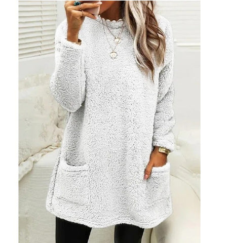 Sweat-shirt pull polaire long pour femmes avec poches Hiver chaud Épaissir Sweatershirt Décontracté Manches longues Peluche Hauts Manteau à capuche Streetwear Tenues amples d'automne Hauts à capuche