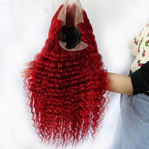 Perruque Cheveux Humains Rouge Vague Profonde Véritable Coiffe