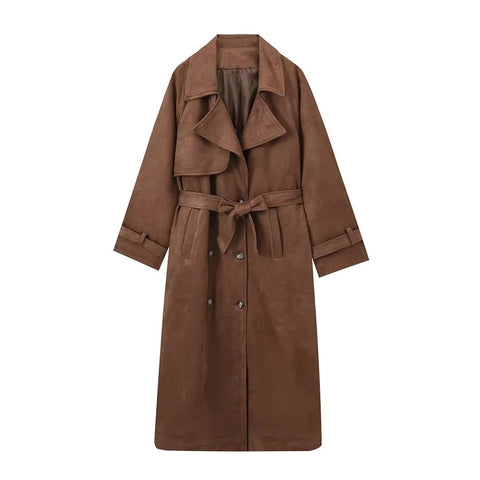 Manteau long à revers croisés avec ceinture, en suède, style vintage, vêtements d'extérieur d'hiver pour femmes