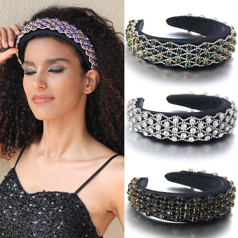 Fashionable full set rhinestone wide edge solid color sponge head hoop - Fashionner