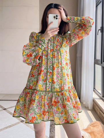 Robe chemise florale rétro pour femmes, col montant, manches bouffantes, jupe courte, style vacances