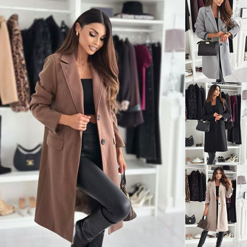 Manteau en laine à revers, simple boutonnage, manches longues, couleur unie, veste longue pour femme