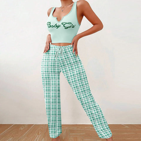 Ensemble pyjama décontracté printemps-été pour femme, gilet assorti, pantalon à carreaux, haut imprimé lettre, 2 pièces, vêtements de nuit pour femme