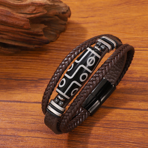 Buy Hand-Woven Men'S Leather Bracelet With Stainless Steel Nine-Eyed Dzi Beads online at Fashionner.