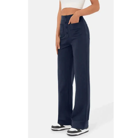 Women's Clothing High Waist Pocket Wide Leg Button Casual Loose Straight Trousers - Fashionner