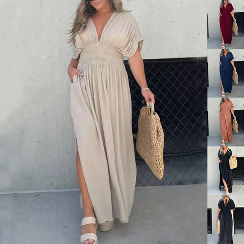 Buy Fashion Bat-Sleeved V-Neck Slit Dress Summer Short Sleeve Elastic Waist Long Dresses Womens Clothing online at Fashionner.