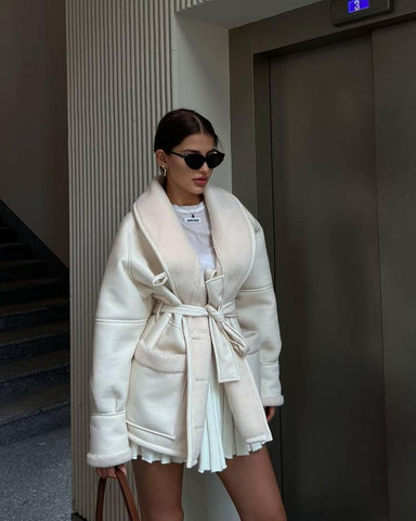 Leather And Fur Korean Style Long Sleeve Splicing Coat Women - Fashionner
