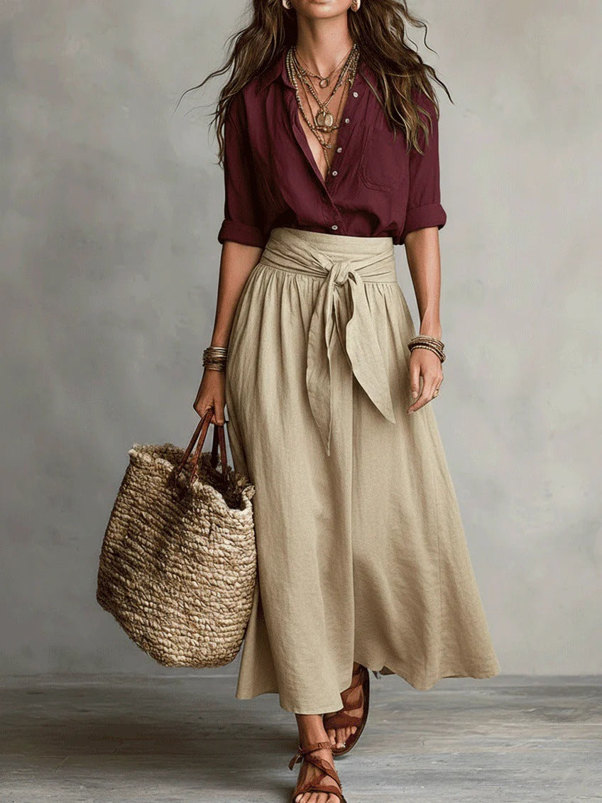 Buy Summer Short-sleeve Suits Fashion Casual Button-down Shirt Top And Straight Skirt Women's Two-piece Set online at Fashionner.