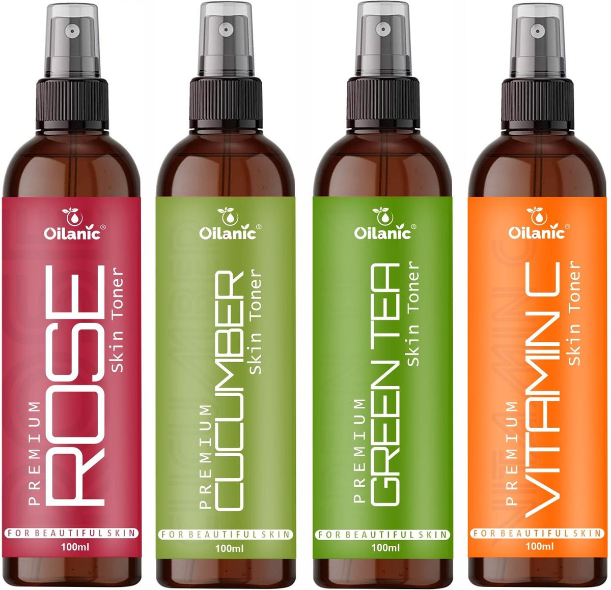 Oilanic Premium Rose, Cucumber, Green Tea & Vitamin C Face Toner For Men & Women Combo Pack of 4 Bottles of 100 ml (400 ml )
