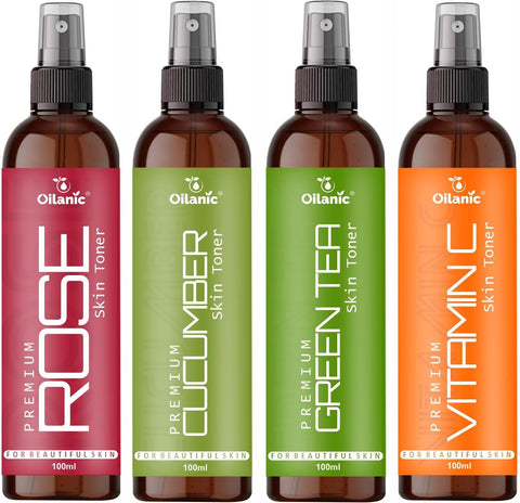 Tonique Visage Premium Rose, Concombre, Thé Vert et Vitamine C Oilanic pour Hommes et Femmes, Pack de 4 Bouteilles de 100 ml (400 ml)