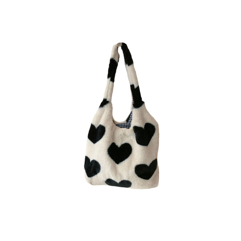 Sac à bandoulière large en peluche motif cœur pour femme