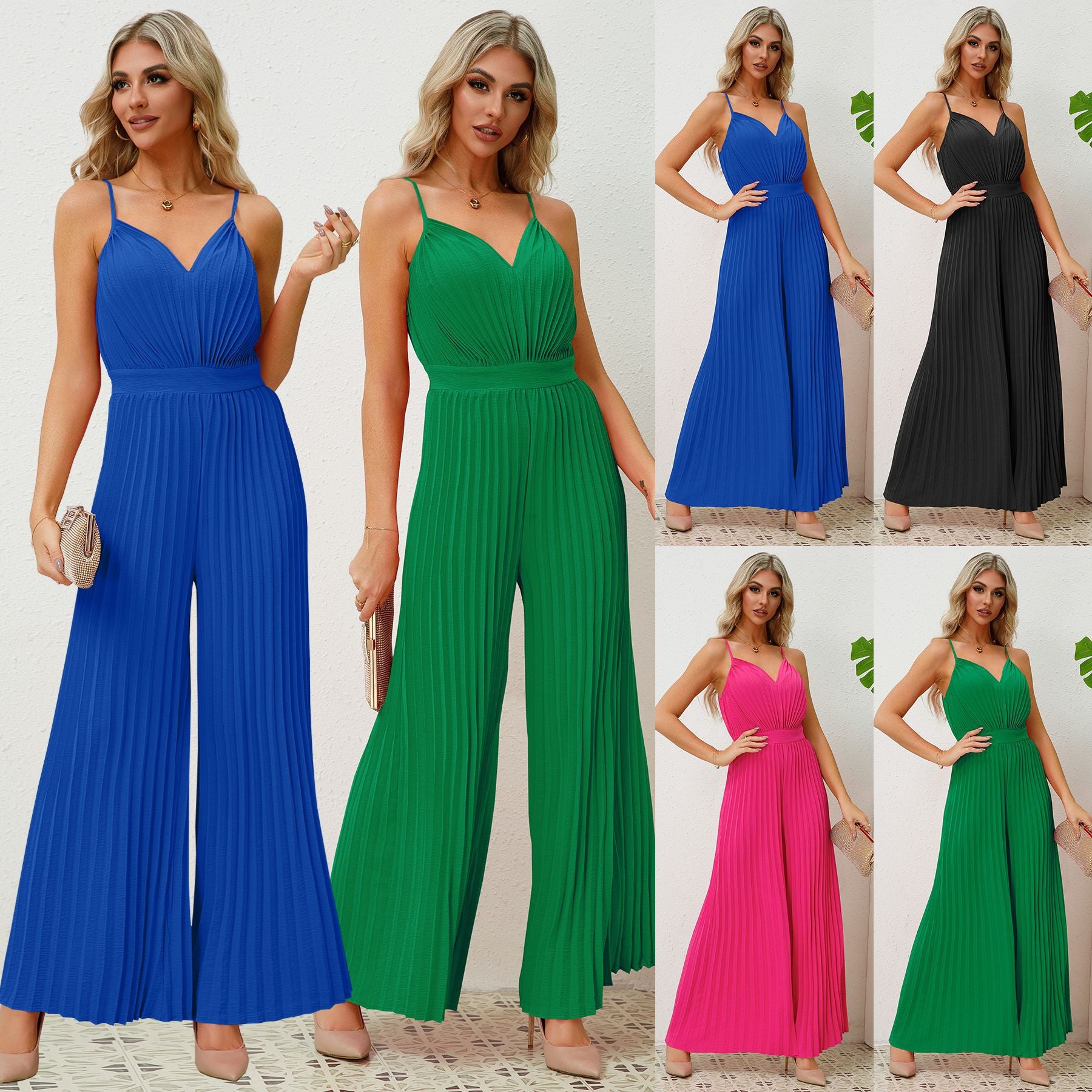 V-neck Suspender Pleated Jumpsuit Solid Color Loose Straight Pants Womens Clothing - Fashionner
