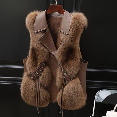 Gilet en fourrure Manteau court Automne et hiver Nouveau Patchwork Blouson en fourrure de renard d'hiver Femme Manteau court en fourrure artificielle Élégant Gilet chaud féminin