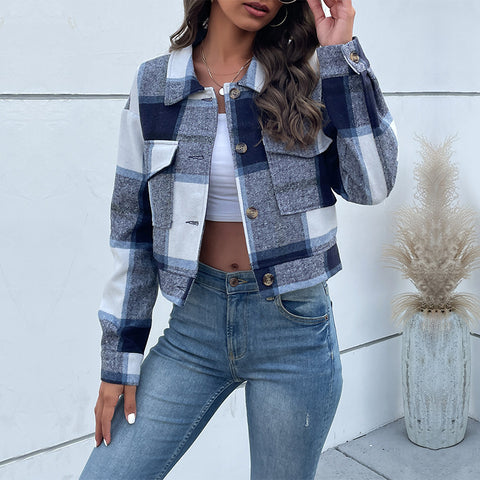 Veste courte à revers à carreaux avec poches Boutons mode Manches longues Manteau court pour vêtements femme