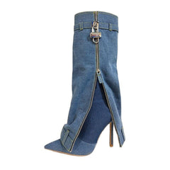 Pointed Female Fashion Metal Buckle Flanging Zipper Casual High Leg Boot - Fashionner