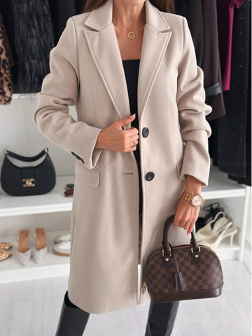 Manteau en laine à revers, simple boutonnage, manches longues, couleur unie, veste longue pour femme