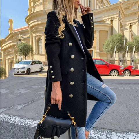 Veste à revers en laine, style décontracté, double boutonnage, mi-longue, trench-coat pour femmes, collection automne hiver