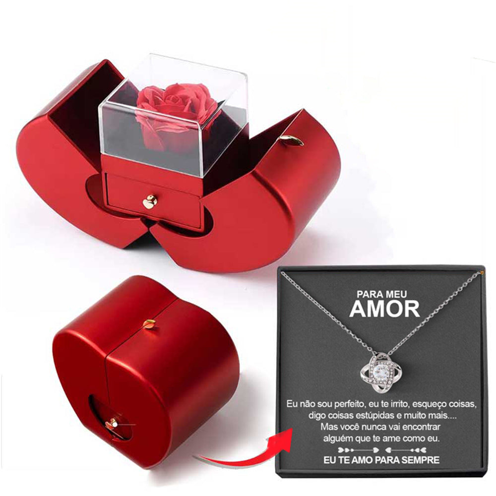 Fashion Jewelry Box Red Apple Christmas Gift Necklace Eternal Rose For Girl Mother's Day Valentine's Day Gifts With Artificial Flower Rose Flower Jewelry Box - Fashionner