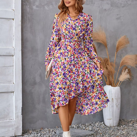 Robe à manches longues à imprimé floral, style pendulaire à volants, tempérament élégant, vêtements pour femmes